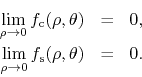 \begin{eqnarray*}
\lim_{\rho\to 0}
f_{\rm c}(\rho,\theta)
& = &
0,
\\
\lim_{\rho\to 0}
f_{\rm s}(\rho,\theta)
& = &
0.
\end{eqnarray*}