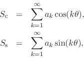 \begin{eqnarray*}
S_{\rm c}
& = &
\sum_{k=1}^{\infty}
a_{k}\cos(k\theta),
\\
S_{\rm s}
& = &
\sum_{k=1}^{\infty}
a_{k}\sin(k\theta),
\end{eqnarray*}