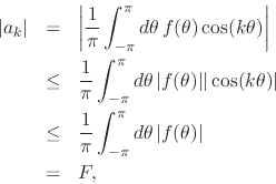 \begin{eqnarray*}
\vert a_{k}\vert
& = &
\left\vert
\frac{1}{\pi}
\int_{-\p...
...\int_{-\pi}^{\pi}d\theta\,
\vert f(\theta)\vert
\\
& = &
F,
\end{eqnarray*}