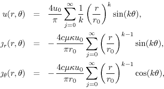 \begin{eqnarray*}
u(r,\theta)
& = &
\frac{4u_{0}}{\pi}
\sum_{j=0}^{\infty}
...
...=0}^{\infty}
\left(\frac{r}{r_{0}}\right)^{k-1}
\cos(k\theta),
\end{eqnarray*}