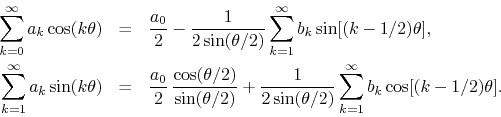 \begin{eqnarray*}
\sum_{k=0}^{\infty}a_{k}\cos(k\theta)
& = &
\frac{a_{0}}{2}...
...}{2\sin(\theta/2)}
\sum_{k=1}^{\infty}b_{k}\cos[(k-1/2)\theta].
\end{eqnarray*}