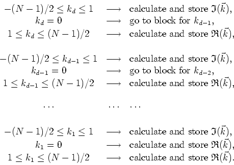 \begin{displaymath}
\begin{array}{ccl}
-(N-1)/2\leq k_{d}\leq 1 & \longrightarro...
...box{calculate and store }\mathfrak{R}(\vec{k}). \\
\end{array}\end{displaymath}